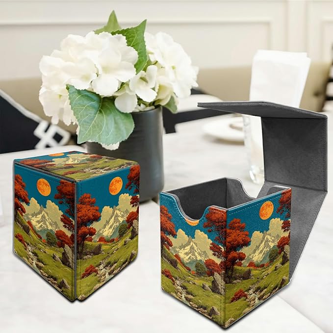 Snow Mountain Moon Brook Card Deck Box for MTG, Personalized Card Storage Case Fits 120+ Sleeved Cards, Premium Leather TCG Box with Strong Magnetic Closure for Magic, PTCG, Baseball Cards