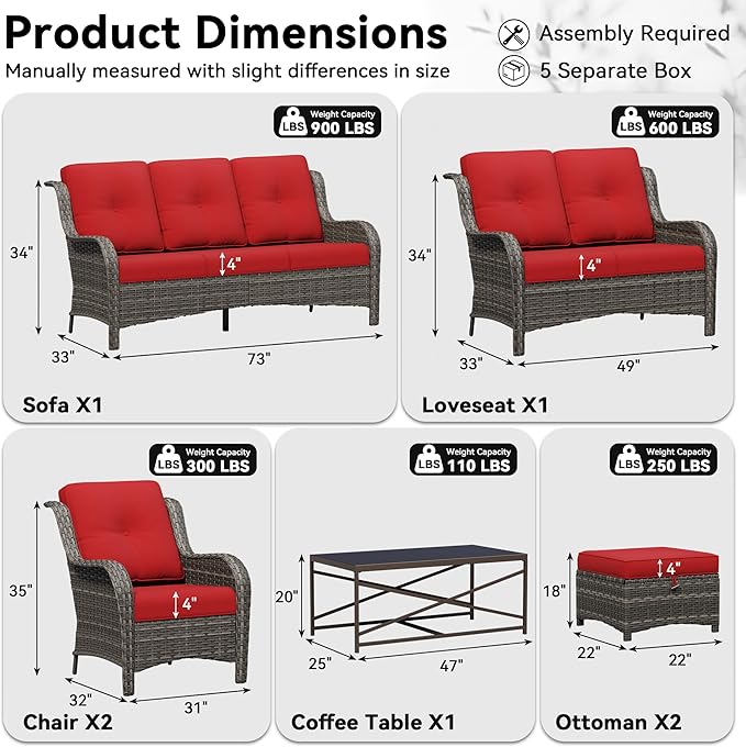 7 Piece Outdoor Wicker Patio Furniture Set, Patio Chairs Set with Thickened Olefin Cushions, High Back and Deep Seating, Hand-Woven PE Rattan, Ottoman for Porch, Deck