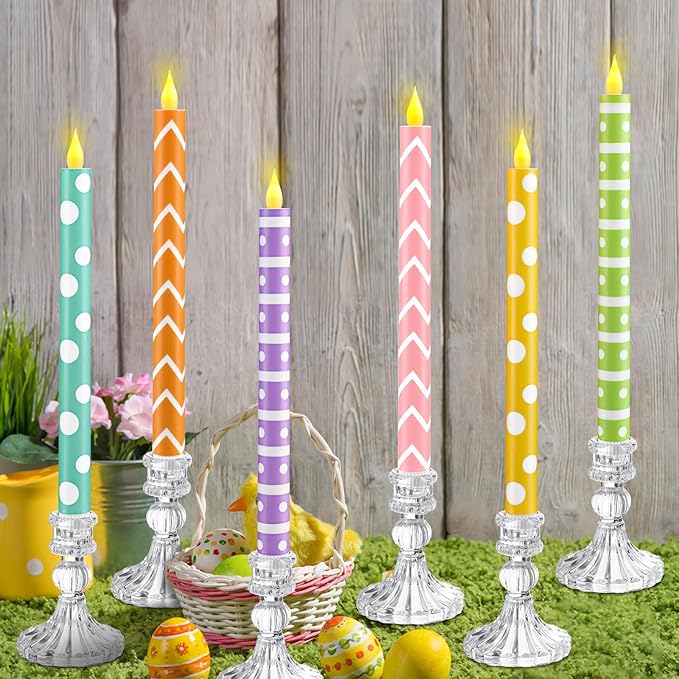 Honoson 6 Pcs Mother's Day Flameless Taper Candles 10.6 Inch Colorful Geometric Candles Battery Operated LED Candlesticks for Summer Dinner Table Home Party Decor