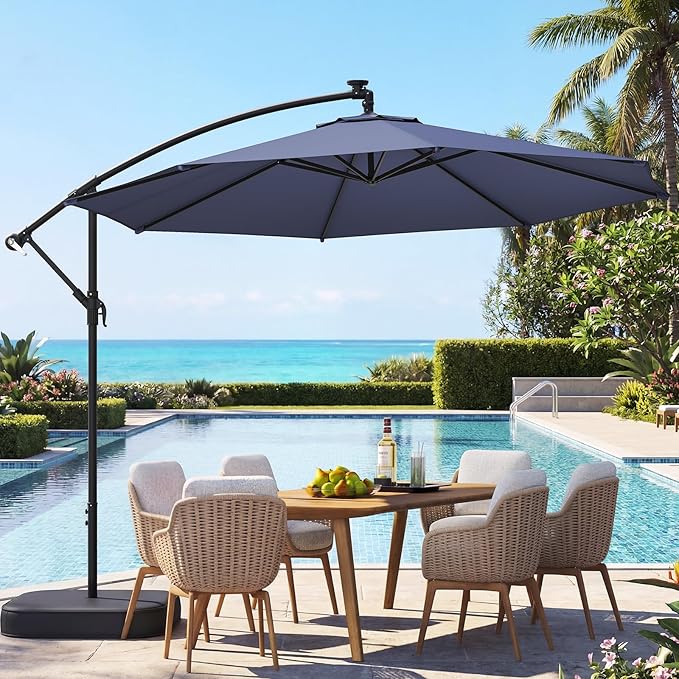 EROMMY 10FT Patio Umbrella with Base Included, Outdoor Offset Cantilever Umbrella, Infinite Tilt, Crank and Cross Base, UV Protection for Backyard, Lawn, Garden & Pool