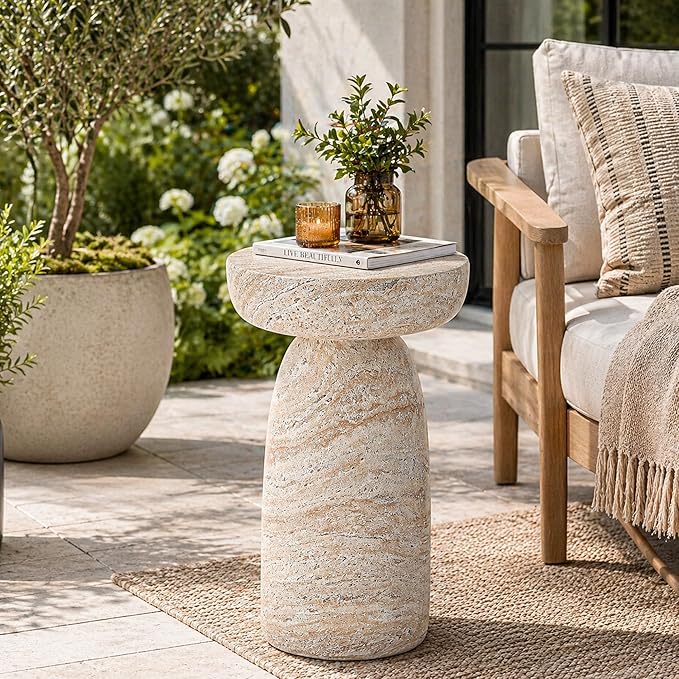 24" Outdoor Side Table, Large Modern Geometric Pedestal End Table, Decorative Patio Coffee Table for Balcony & Porch, Small Space Saving Accent Table, Planter Stand for Garden or Living Room