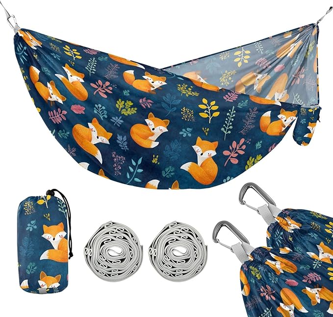 Camping Hammock Outdoor Hammocks for Outside Orange Fox Cute Beach Trees Portable Lightweight with Pockets Tree Straps Indoor