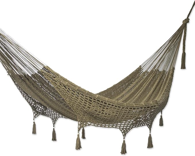NOVICA Handmade Cotton Rope Hammock Crocheted Fringe Olive Green Double Mexico Solid Maya 'Veranda in Olive Green'Double