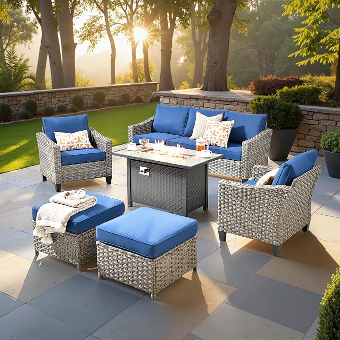 6 PCS Outdoor Patio Furniture 42in Set with Fire Pit Table, All-Weather Rattan Wicker Conversation Group with Deep Seating, Armchairs & Ottoman, High Back Comfort for Porch, Backyard, Blue