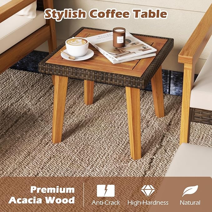Tangkula 5 Piece Rattan Furniture Set, Wood Frame Chairs & Ottomans w/Square Coffee Table, Space Saving Cushioned Wicker Patio Conversation Set for Backyard, Poolside (Off White)