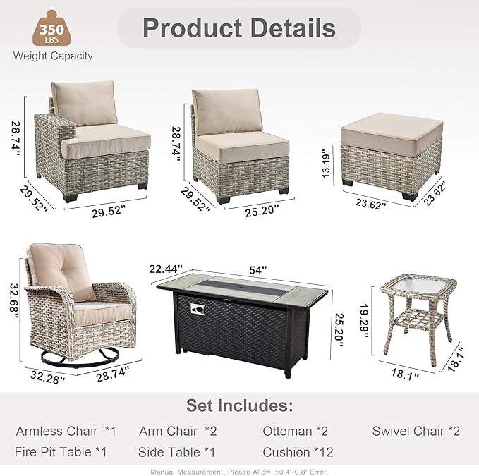 9 Pcs Outdoor Sectional Patio Furniture Set with Fire Pit Table and Swivel Rocking Chairs - All Weather Wicker Modular Outside Sectional Sofa Couch,Patio Seating Outdoor Conversation Sets,Beige