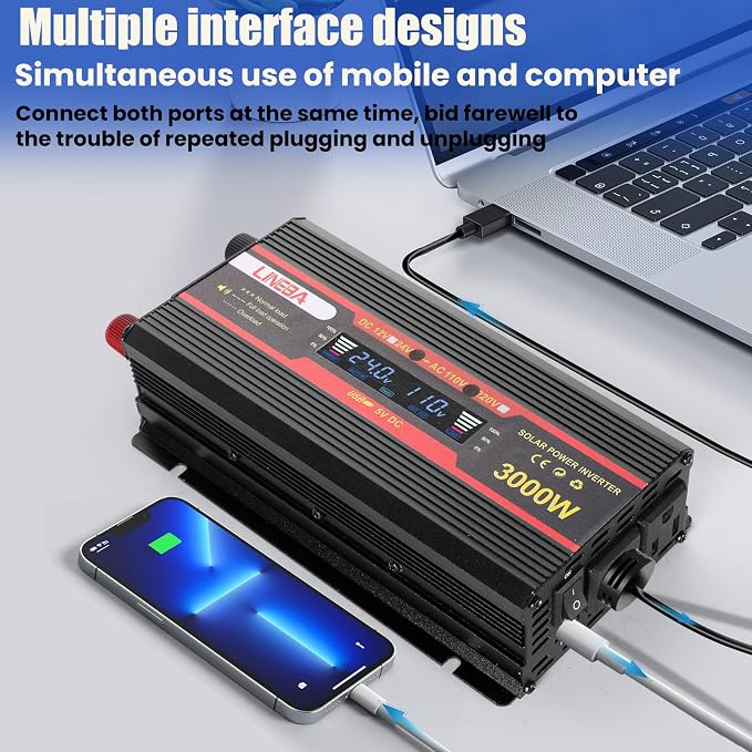 3000 Watt Power Inverter with LED Display,Dual AC Outlets,USB Port, 24V DC to 110V AC Converter Car Power Inverter for Vehicles, Car, RV, Truck, Off Grid Solar System, Outdoor Camping
