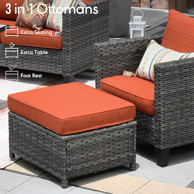 HOOOWOOO Wicker Patio Conversation Sets,8 Piece Outdoor Furniture Set with Swivel Rocking Chairs,All Weather Resistant Modern Outside Out Door Rattan Couch Chairs Side Table Set,Orange Red