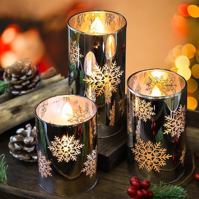 Snowflake LED Flameless Candles with Remote and Timer, Electroplate Glass Candles Operated by Battery, Christmas LED Flickering Candles Decoration for Bedroom, Party, Wedding