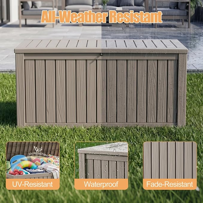 230 Gallon Outdoor Storage Box, Large Resin Deck Box, Waterproof Lockable Storage Container Bins, Reinforced Stability for Patio, Garden and Poolside, Grey