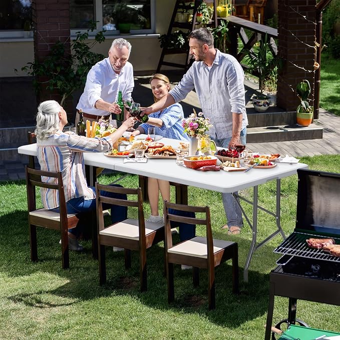6 FT Folding Table, Fold in Half, Heavy Duty Portable Plastic w/Handle for Picnic Party Camping Dining Indoor Outdoor - Lightweight White