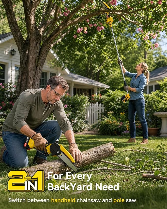 2 in 1 Electric Pole Saw for Tree Trimming, 21V 6 inch Mini Chainsaw Cordless with Extension Pole, Battery Powered Pole Chain Saw, 5.9 Feet MAX Reach Pole Saw with 2 x 1.5Ah Battery