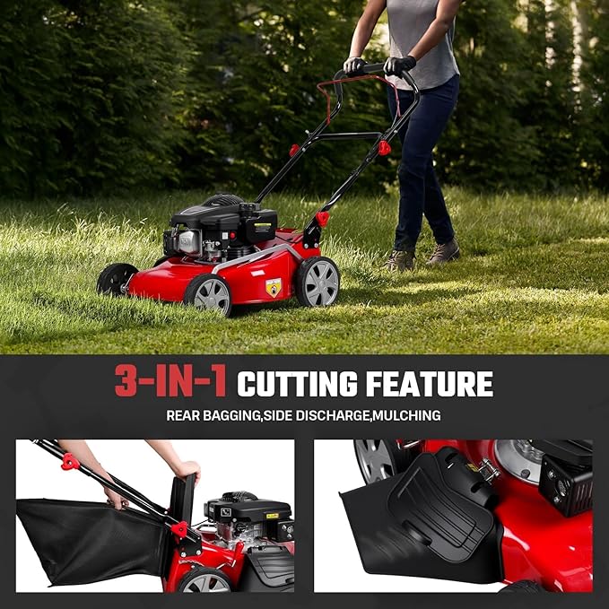 21-Inch Gas Lawn Mower Self Propelled, 131cc 3 in 1 Push Mower Gas Powered, 50L Grass Catcher Big Wheels for Slopes Red
