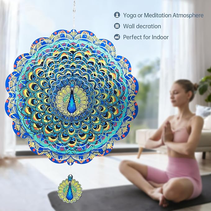 Peacock Wind Spinners Outdoor, 3D Stainless Steel Metal Wind Spinners, 12 Inch Laser Cut Kinetic Hanging Sculpture, Yard Art, Garden Decor, Peacock Gifts for Women, Men, Mom, Grandma