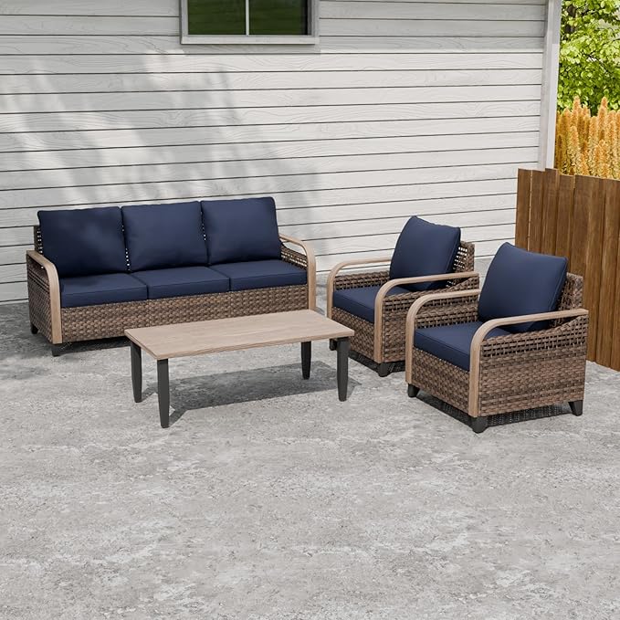 Modern Wicker Patio Furniture Set, Rattan Outdoor Conversation Set with Comfortable Cushions, 2 Patio Chairs, 3 Seat Couch and Coffee Table, 4 Pieces, Brown/Blue