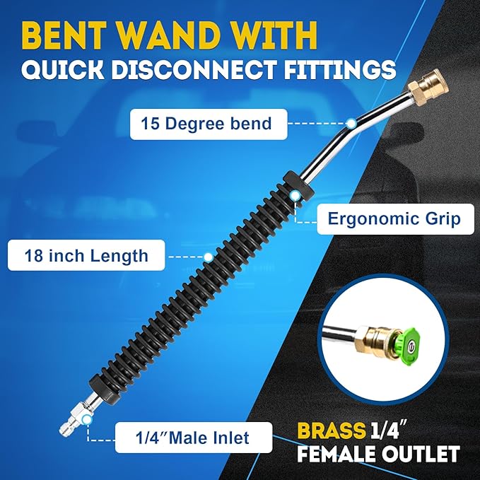 TOOLCY Pro Pressure Washer Gun and Wand, 5000 PSI High Pressure Washer Gun with 18" Curved Extension Wand, 360° Swivel, 1/4" Quick Connect Outlet, Includes 3/8" QC to M22-14mm Adapter & 5 Nozzle Tips