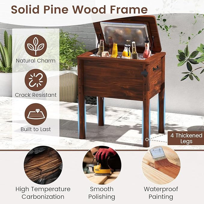 Giantex Wooden Patio Cooler, 54 Quart Outdoor Beverage Cooler Table with 3-Layer Insulation, Built-in Bottle Opener & Drainage Cap, Retro Rustic Pine Wood Ice Chest for Backyard, Poolside, Deck, Party