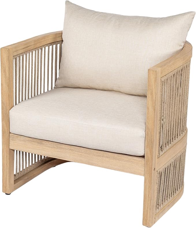 Christopher Knight Home Eden 5 Piece Patio Furniture Set with MGO Fire Pit+Tank Holder, 4-Seater Outdoor Acacia Wood Conversation Set with Cushions and Rectangular Fire Table,Light Teak+Beige+Natural