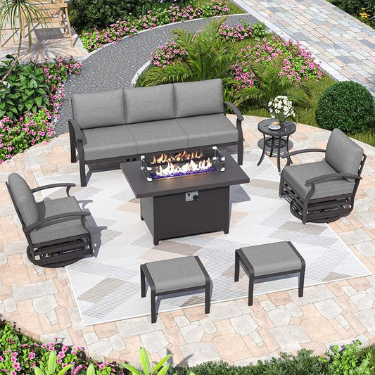 ALAULM Aluminum Patio Furniture Set with Propane Fire Pit Table 7-seat Metal Outdoor Furniture w/Swivel Chairs Patio Sectional Sofas w/2 Ottomans for Porch, Backyard, Poolside-Grey