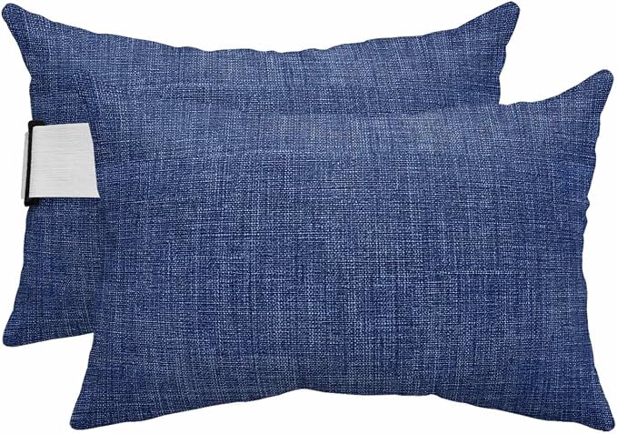 Navy Blue Outdoor Lumbar Pillows 11x16 Set of 2, Farmhouse Burlap Solid Blue Color Modern Linen Texture Waterproof Throw Pillow Covers with Insert, Decorative Pillowcase Cushion for Couch Sofa Bed