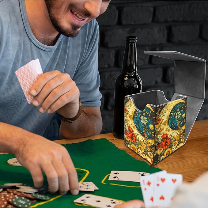 Deck Box for MTG, Cards Storage Box Fits 120+ Sleeved, Leather Medium Size Strong Magnetic Closing Card Case for Board Games Magic TCG CCG Baseball Collection, Flower Big Moon