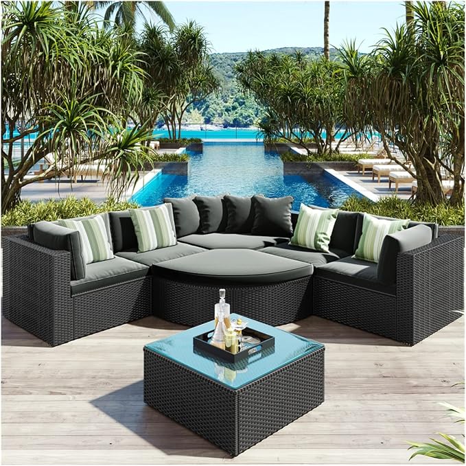 7 Pieces Outdoor Patio Furniture Set Wicker Rattan Sectional Sofa All-Weather PE Rattan Patio Conversation Set with Tempered Glass Top Table for Porch Garden Backyard Balcony and Poolside