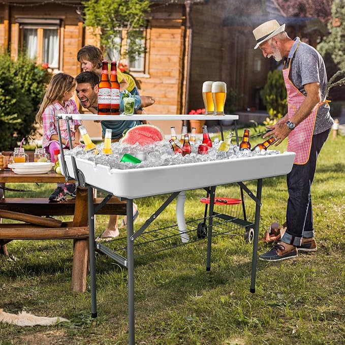GUAGUA Ice Cooler Table - Portable Bar Table for Events Outdoor Cooler Stand with Drain for Parties Drink Foldable Picnic Table Party