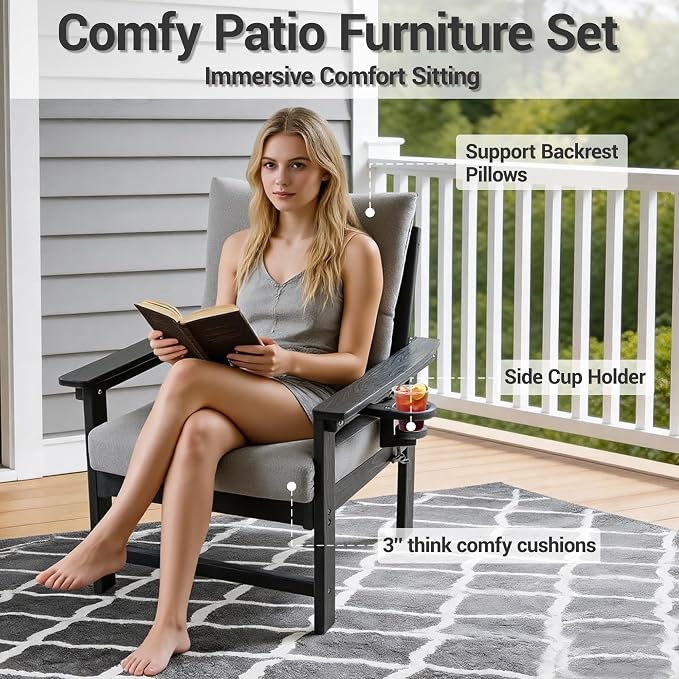 7-Piece HDPE Patio Conversation Set w/ 4 Cup Holders, All-Weather Outdoor Sectional Furniture, Thick Washable Cushions, Coffee Table & Side Table for Backyard Porch Poolside, Grey
