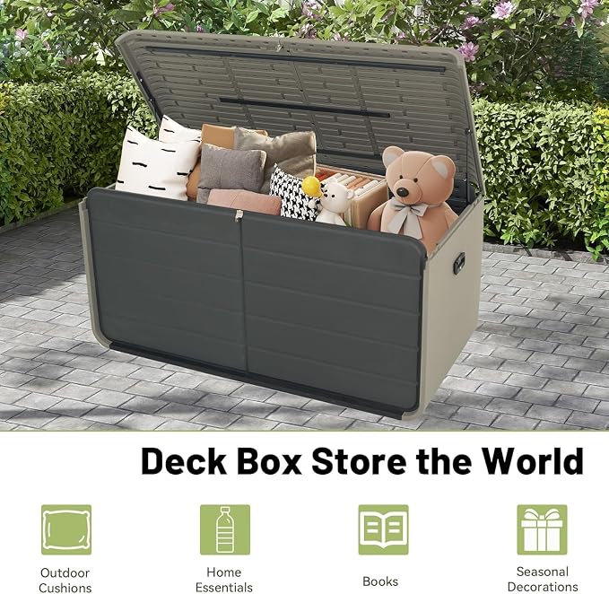 160-Gallon Heavy-Duty Resin Outdoor Storage Box–Large Deck Boxes Outdoor Waterproof,UV-Resistant Cabinet for Patio Furniture,Tools & Pool Supplies, Lockable, Hydraulic Lid(Multi-Purpose Bench/Table)