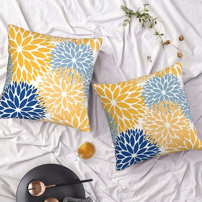 Yellow Throw Pillow Covers 18x18 Inch Set of 2, Floral Waterproof Outdoor Pillow Covers, Boho Farmhouse Decorative Cushion Covers for Spring Summer Patio Furniture