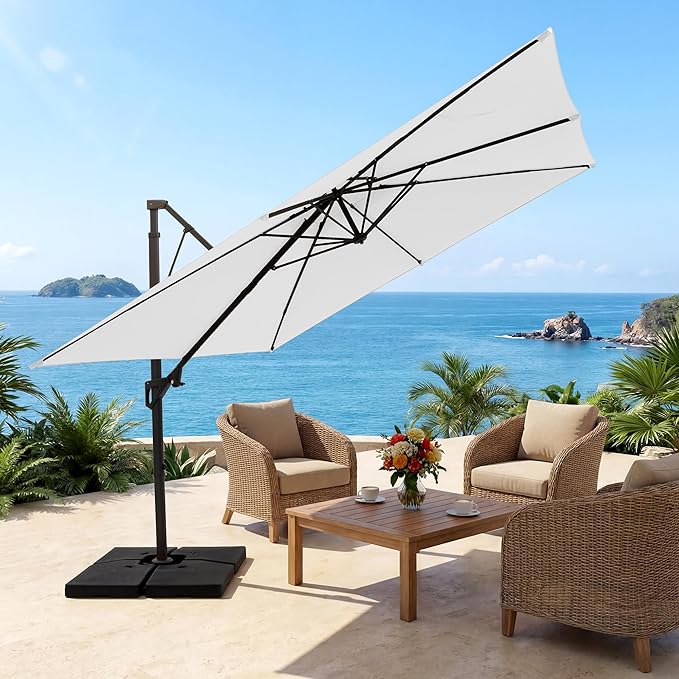 JEAREY 12ft 2-Tier Cantilever Patio Umbrella, Large Square Outdoor Offset Umbrella with Double Top Vent and 360-degree Rotation for Garden, Deck, Pool, Patio, Cream White