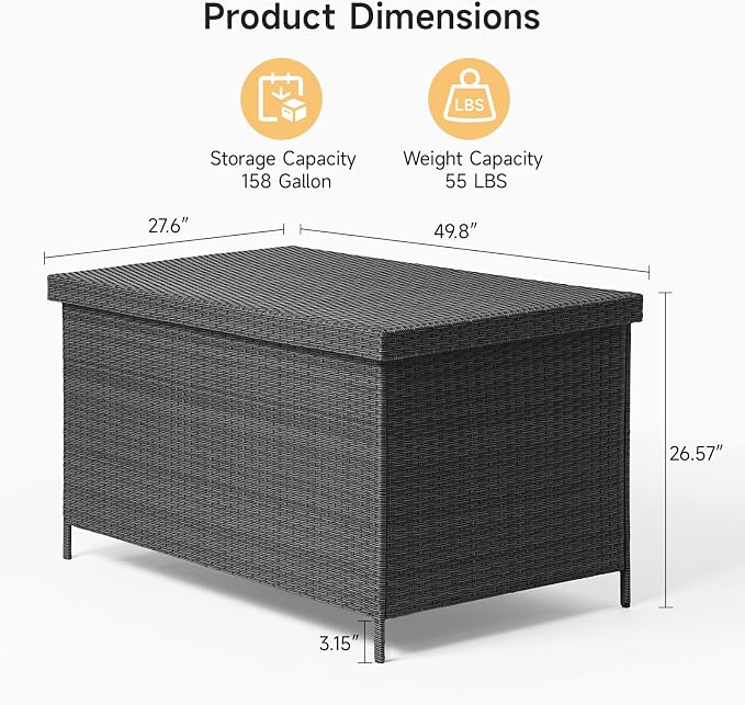 ONBRILL 158 Gallon XL Deck Box with Lid, All Weather Wicker Outdoor Storage Box Waterproof, Large Outdoor Patio Storage Bin for Cushions, Garden Tools, Gears, Black