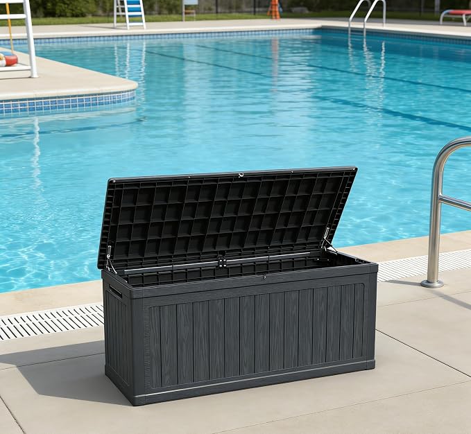 260-Gallon XXL Waterproof Outdoor Deck Storage Box - Heavy-Duty, Lockable, Dual-Wall Resin for Patio Furniture, Cushions, Garden Tools & Pool Equipment (Doubles as Bench/Table, 440lbs Capacity)