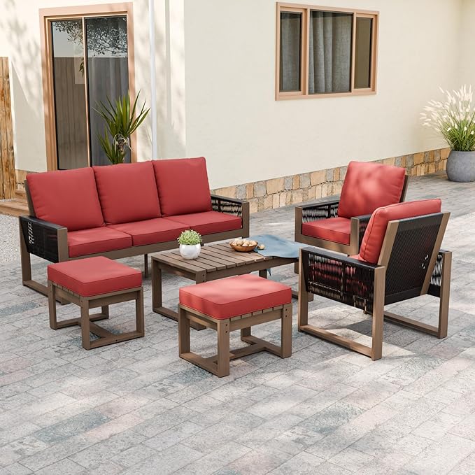 Rustic Hideaway Natural Cedar Wood Outdoor Furniture Set, Wicker Patio Conversation Set for Porch Garden Backyard, Couch, 2 Patio Chairs, Coffee Table and 2 Ottomans, 6 Piece, Brownish/Red