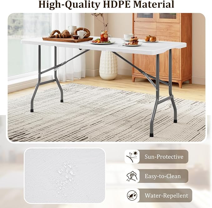 Goplus 5ft Folding Table, Indoor Outdoor Foldable Plastic Folding Tables, Heavy-Duty Rectangular Fold Up Table w/Handle, Portable Utility Card Table for Picnic, Party, Dining, Camping, Beach, White