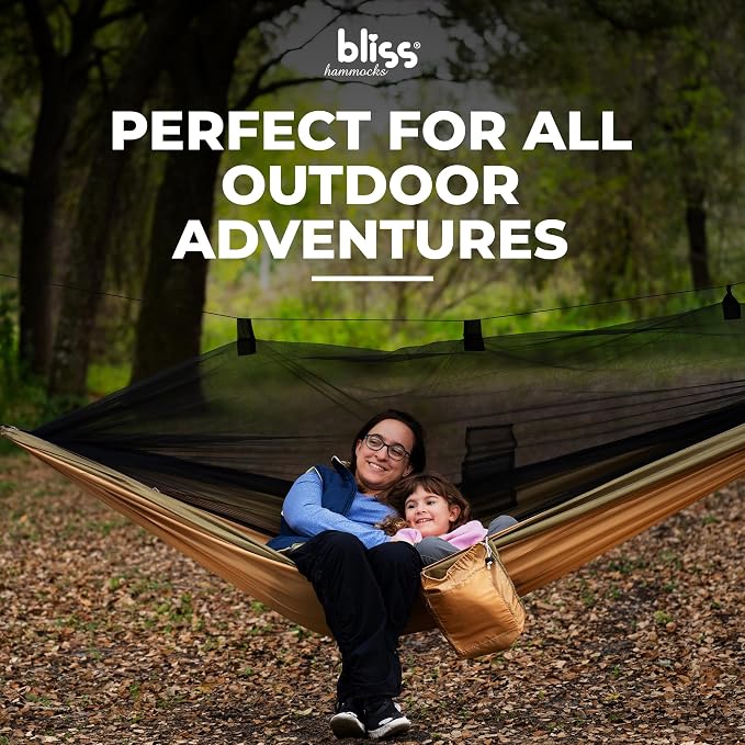 Bliss Hammocks Hammock in a Bag with Mosquito Net and Adjustable Tree Straps, Nylon Hammock for Camping and Outdoor Use, 350 Lb Capacity, Forest Green
