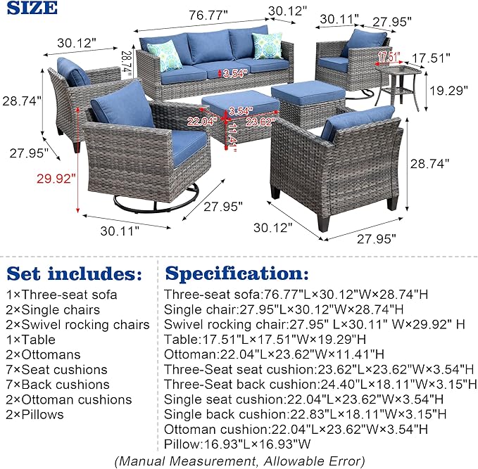 HOOOWOOO Wicker Patio Conversation Sets,8 Piece Outdoor Furniture Set with Swivel Rocking Chairs,All Weather Resistant Modern Outside Out Door Rattan Couch Chairs Side Table Set,Denim Blue