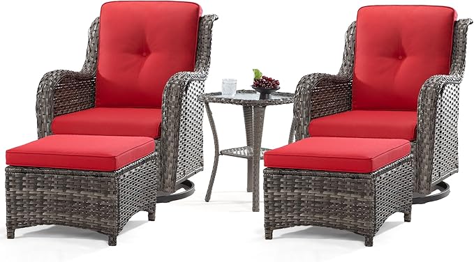 5 Piece Outdoor Patio Furniture Set Wicker Conversation Bistro Set Swivel Rocking Chairs with Side Table and Ottomans for Backyard, Porch, Deck(Mixed Grey/Red)
