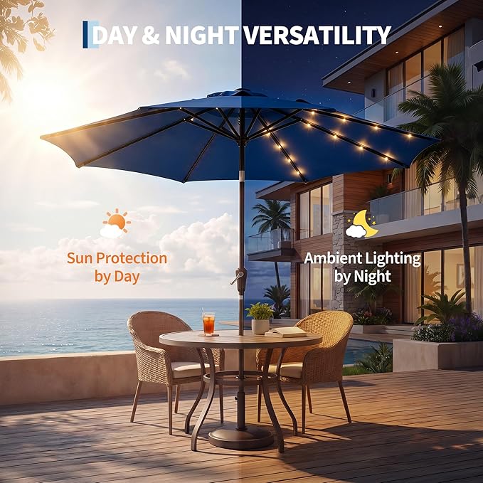 Garvee 10FT Patio Umbrella with 32 Solar LED Lights, Outdoor Table Market Umbrella with Tilt and Crank, 8 Sturdy Iron Ribs Sun Shade for Garden, Deck, Backyard and Pool, Navy Blue