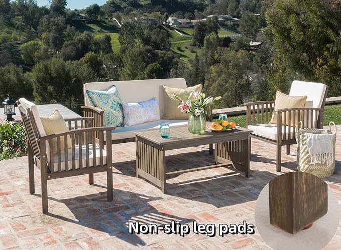 Merax 4 Piece Patio Conversation Table and Chairs Furniture Sets, Acacia Wood Outdoor Dining Couch Sofa for Porch Deck Backyard Lawn Balcony Bistro, Grey+Cream