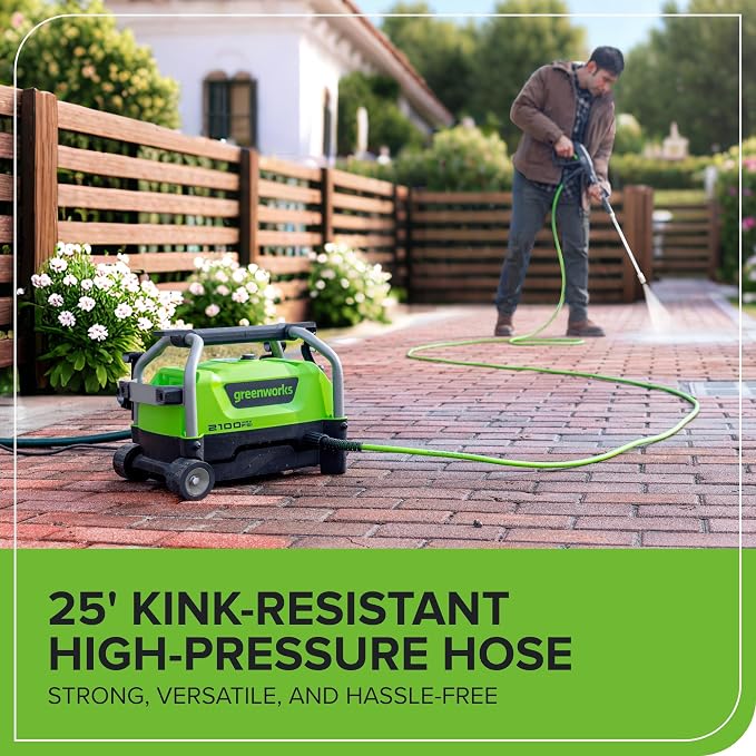 Greenworks 2100 PSI (1.2 GPM) Electric Pressure Washer (25°, 40°, Turbo Nozzle, Soap Applicator) for Use On Decks, Fences, Concrete Patios, Sidewalks & More. Medium-Duty