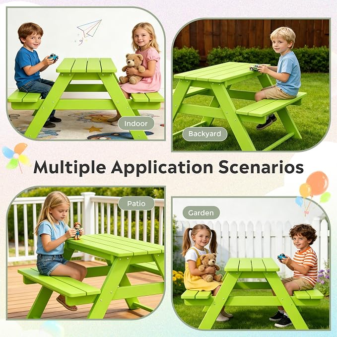 WestinTrends Malibu Outdoor Patio and Indoor Kids HDPE Plastic Picnic Bench Table, Lime