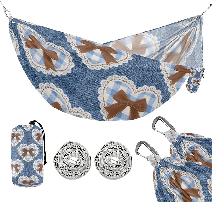 Denim Blue-Brown Bow Heart 330lb Capacity Outdoor Hammocks with Hanging Rope Hanging Hammock for Outside Patio Backyard Poolside capas para la Lluvia