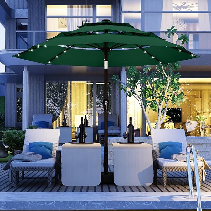 Kingdura 10ft 3-Tier Patio Umbrella with Solar Lights, Table Umbrella Outdoor Patio with Easy Crank & Tilt, 8 Sturdy Ribs, UV Protection, 32 LED Lights for Deck, Poolside, Market (Dark green)