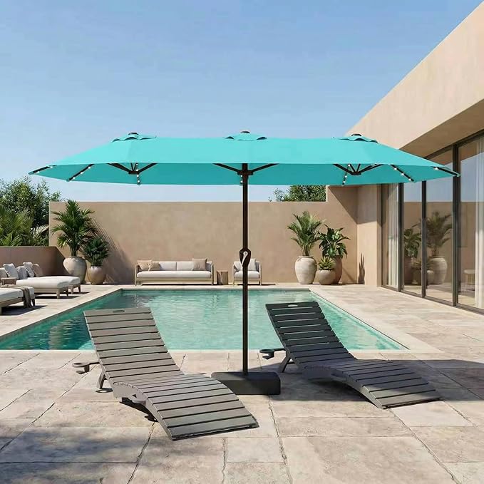 15FT Patio Umbrella with Solar Lights, Double-Sided Extra Large Outdoor Table Umbrella with Base Included, Heavy-Duty 12 Iron Ribs Market Umbrella for Garden, Pool, Backyard, Aqua Blue