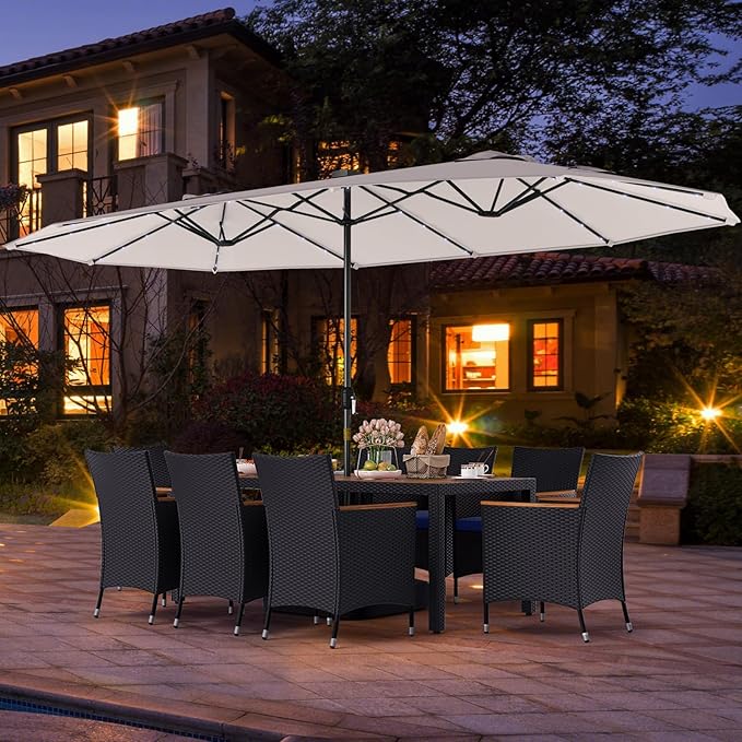 Tangkula 11 Pieces Patio Dining Set with Double-Sided Led Patio Umbrella (Base Included), with 8 Stackable Chairs, Acacia Wood Dining Table and Large Umbrella with Solar Lights (Beige + Navy)