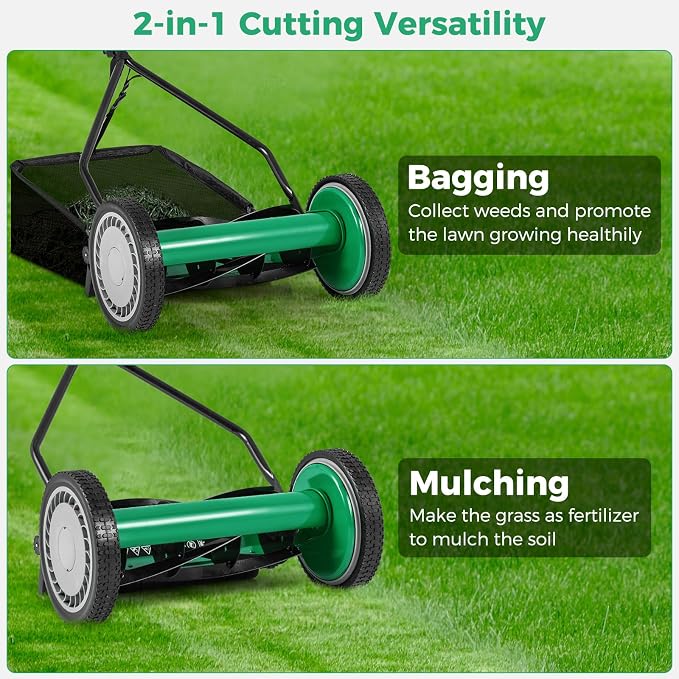 Push Lawn Mower, 14" Manual Rear Mower with 5 Steel Blades, Adjustable Cutting Heights & Grass Catcher Bag, Walk-Behind Grass Cutter Lawn Sweeper for Garden, Park & Yard (Green)
