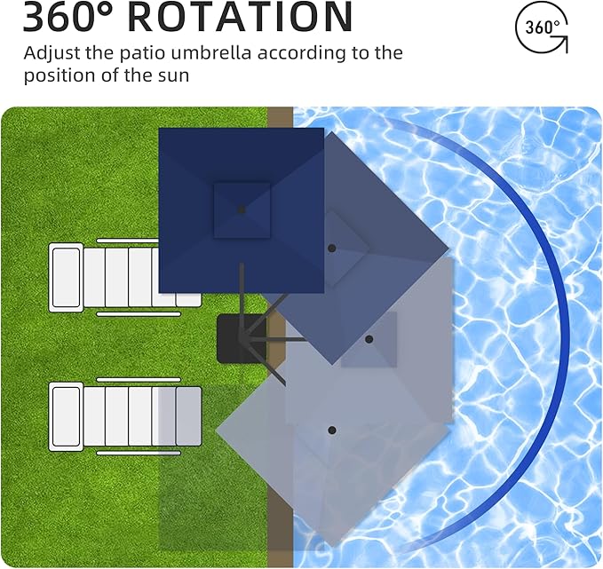 JZAC & QZYD 9x9 FT Outdoor Cantilever Patio Umbrella with Solar LED Lights, Large Heavy Duty 2-Tier Canopy Square Aluminum Offset Umbrellas with 360-Degree Rotation for Pool Deck Backyard, Navy