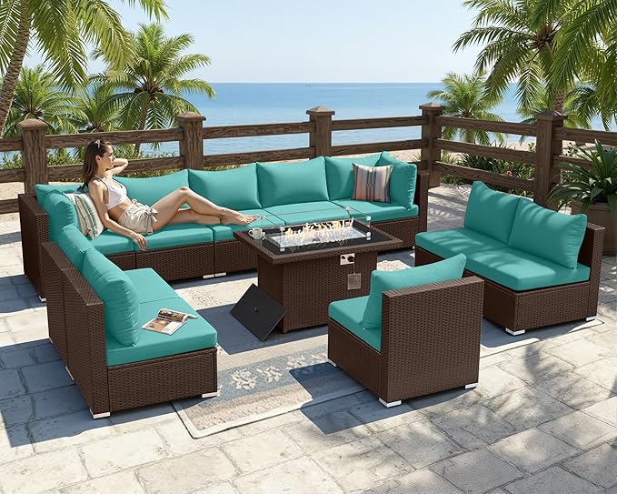 BULEXYARD 11 Piece High Back Wicker Patio Furniture Sets with Fire Pit, Luxury Plus Size Outdoor Seating Set, Comfortable Extra Wide Deep 10-Seater Sectional Couch Sofa for Outside, Brown & Turquoise