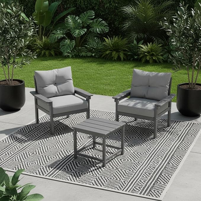 HDPE 3 Piece Patio Furniture Set, All-Weather Outdoor Couch Bistro Set with Thick Cushions & Side Table, Patio Conversation Sets for Lawn, Garden, Porch, Balcony, Deck, Poolside, Grey